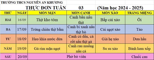 Thực đơn bán trú tuần 3