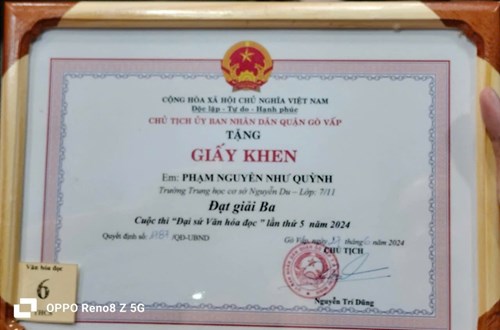 Trường THCS Nguyễn Du chúc mừng em Phạm Nguyễn Như Quỳnh đạt giải Ba cuộc thi  Đại sứ văn hoá đọc  lần thứ 5 năm 2024