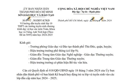 Về hướng dẫn tuyển sinh lớp 10 THPT các trường tuyển sinh chương trình dạy và học các môn Toán, Khoa học và Tiếng Anh Tích hợp (Theo Đề án 5695) năm học 2024-2025 (2412/SGDĐT-KTKĐ)