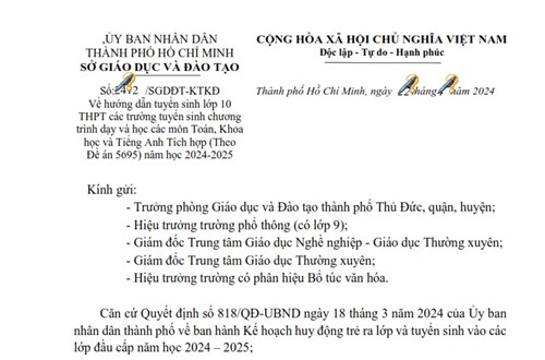 Về hướng dẫn tuyển sinh lớp 10 THPT các trường tuyển sinh chương trình dạy và học các môn Toán, Khoa học và Tiếng Anh Tích hợp (Theo Đề án 5695) năm học 2024-2025 (2412/SGDĐT-KTKĐ)