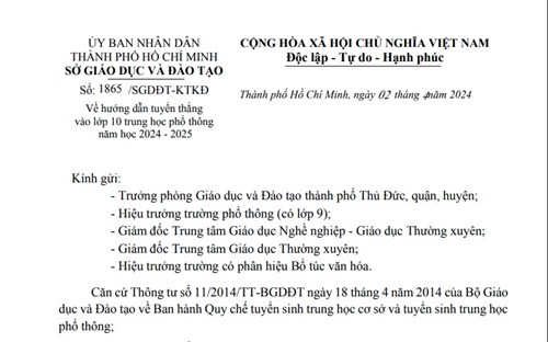 Về hướng dẫn tuyển thẳng vào lớp 10 THPT năm học 2024-2025 (1865/SGDĐT-KTKĐ)