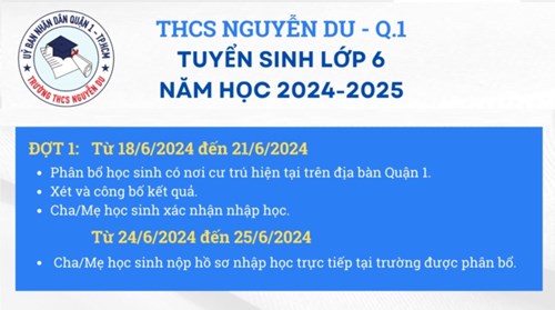 Thông báo Lịch nộp hồ sơ nhập học lớp 6 được phân bổ về trường THCS Nguyễn Du - Ngày 24-25/6/2024