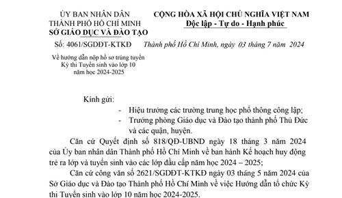 Về hướng dẫn nôp hồ sơ trúng tuyển Kỳ thi Tuyển sinh vào lớp 10 năm học 2024-2025