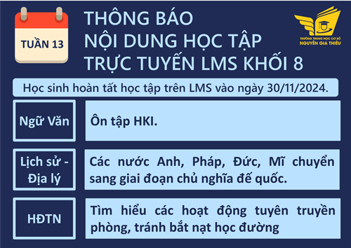 Nội dung học tập trực tuyến LMS Học kỳ I - năm học 2024-2025- Tuần 13