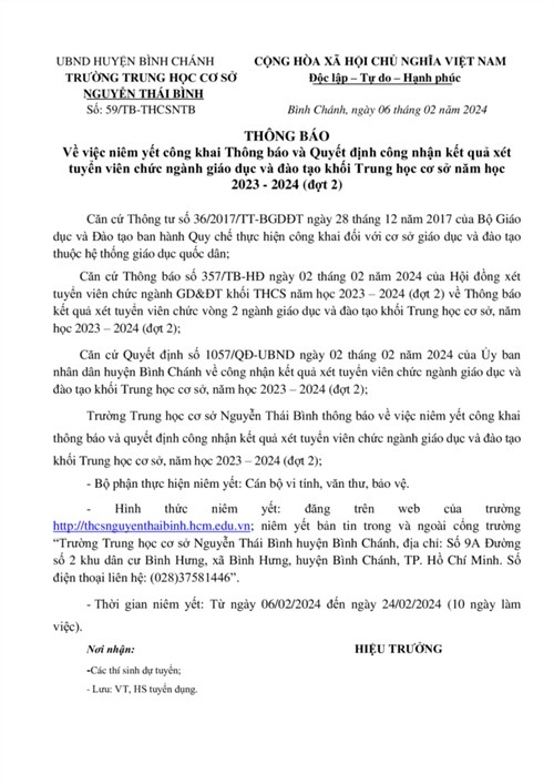 Thông báo niêm yết công khai thông báo và quyết định công nhận kết quả xét tuyển viên chức ngành giáo dục và đào tạo khối trung học cơ sở, năm học 2023 - 2024 (đợt 2)