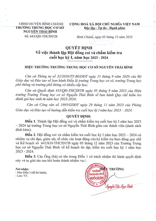 Quyết định thành lập hội đồng coi và chấm kiểm tra cuối hk i năm học 2023 - 2024