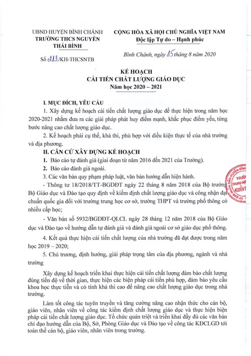 Kế hoạch cải tiến chất lượng giáo dục năm học 2020 - 2021