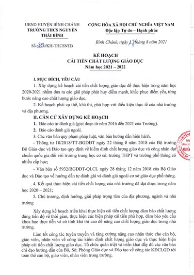 Kế hoạch cải tiến chất lượng giáo dục năm học 2021 - 2022.