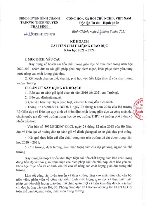 Kế hoạch cải tiến chất lượng giáo dục năm học 2021 - 2022.