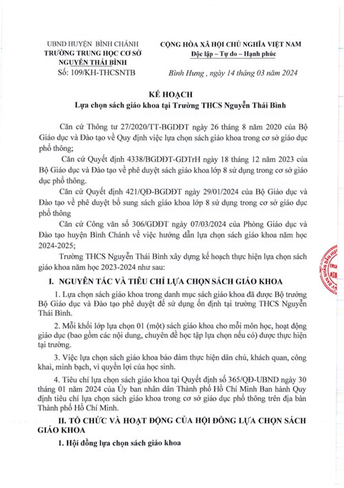 Kế hoạch lựa chọn sách giáo khoa lớp 9.