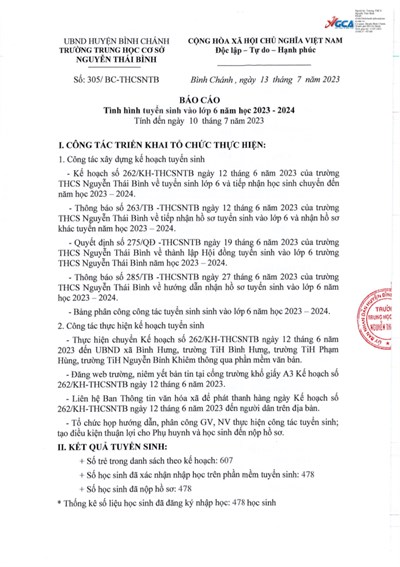 Báo cáo tình hình tuyển sinh 6 năm học 2023 - 2024.