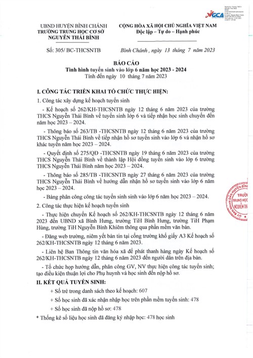 Báo cáo tình hình tuyển sinh 6 năm học 2023 - 2024.
