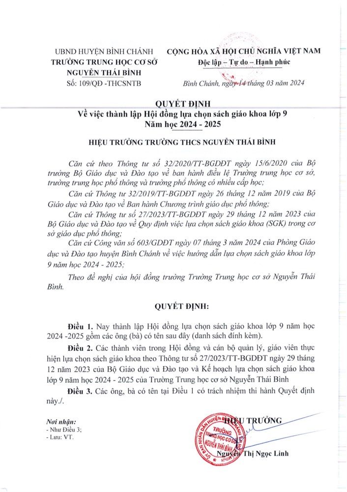 Quyết định về việc thành lập Hội đồng lựa chọn sách giáo khoa lớp 9.
