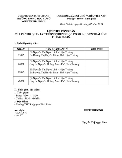 Lịch tiếp công dân của cán bộ quản lý trường trung học cơ sở nguyễn thái bình 
tháng 02/2024
