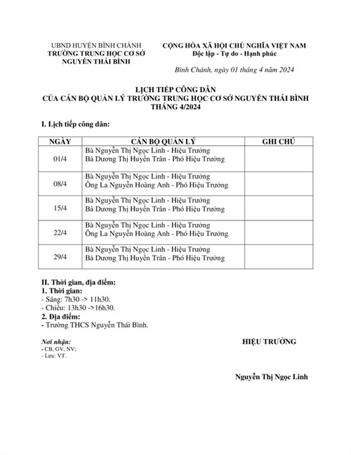 Lịch tiếp công dân của Cán bộ quản lý Trường Trung Học Cơ Sở Nguyễn Thái Bình
Tháng 4/2024