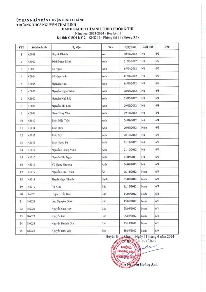 Danh sách thí sinh theo phòng thi - Kỳ thi Cuối HK II, năm học 2023 - 2024