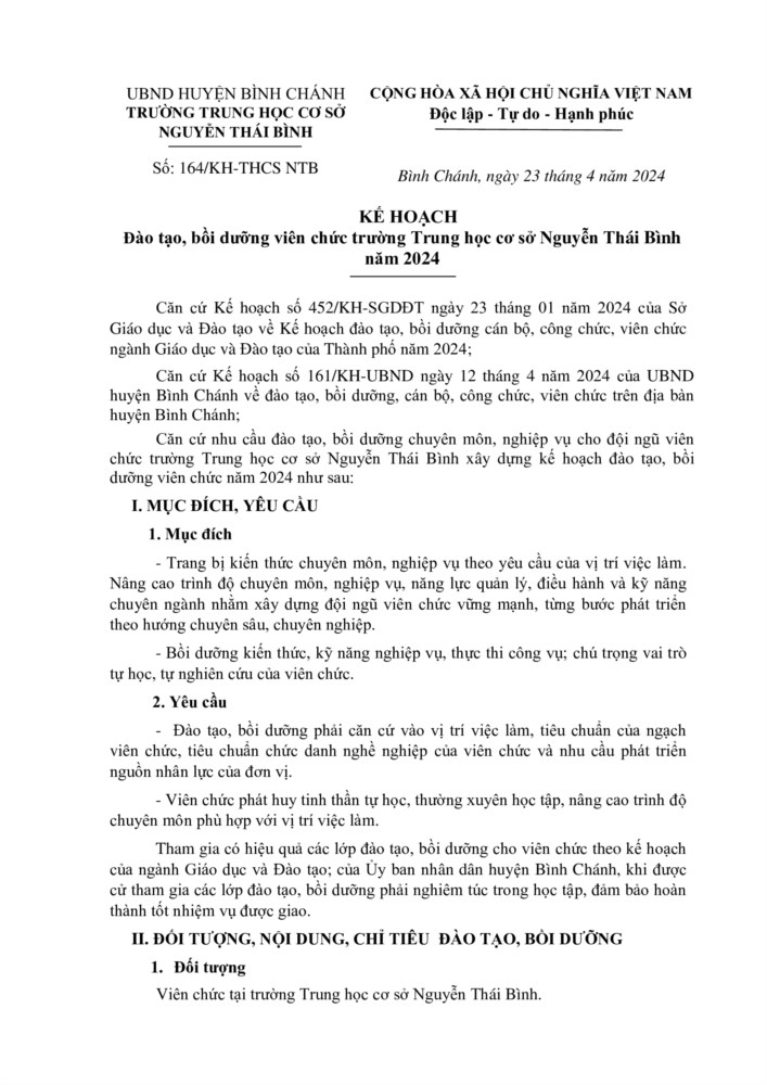 KẾ HOẠCH
Đào tạo, bồi dưỡng viên chức trường Trung học cơ sở Nguyễn Thái Bình năm 2024