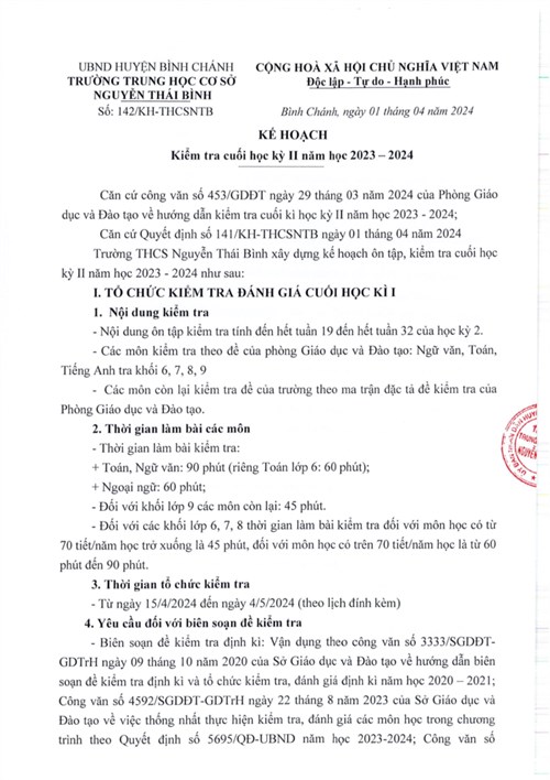 KẾ HOẠCH: Kiểm tra cuối học kỳ 2 năm học 2023 - 2024