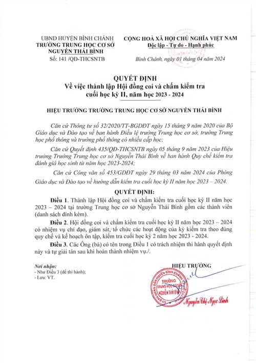 QUYẾT ĐỊNH: Về việc thành lập Hội đồng coi và chấm kiểm tra cuối học kỳ II, năm học 2023 - 2024