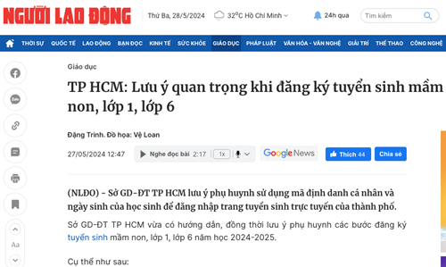 TP HCM: Lưu ý quan trọng khi đăng ký tuyển sinh mầm non, lớp 1, lớp 6