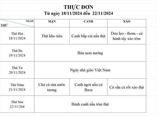 Thực đơn bán trú tuần 11