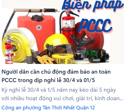 Kính gửi: Cán bộ, Giáo viên, nhân viên, Cha mẹ học sinh và học sinh: Các biện pháp PCCC trong dịp nghỉ lễ 30/4 và 01/5 nhằm nâng cao tinh thần cảnh giác trong việc phòng chống cháy nổ.