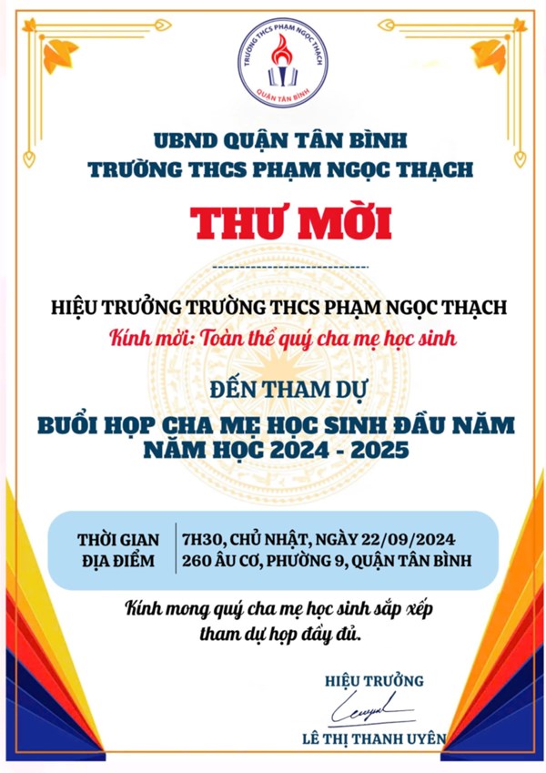 Kính mời toàn thể PHHS khối 6,7,8,9 dự họp đầu năm học 2024-2025