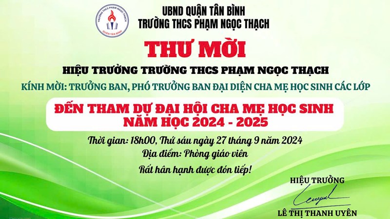 Thư mời tham dự đại hội cha mẹ học sinh năm học 2024 - 2025