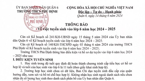 Thông báo về việc tuyển sinh vào lớp 6 năm học 2024 - 2025