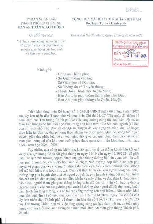 Công văn của Ban An toàn giao thông TP. Hồ Chí Minh về tăng cường công tác tuyên truyền và xử lý hành vi vi phạm trật tự, an toàn giao thông của học sinh và khu vực trường học