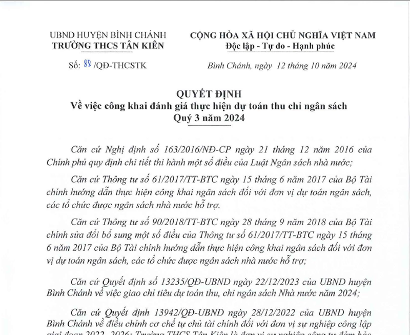 Quyết định về việc công khai đánh giá thực hiện dự toán thu chi ngân sách Quý 3 năm 2024