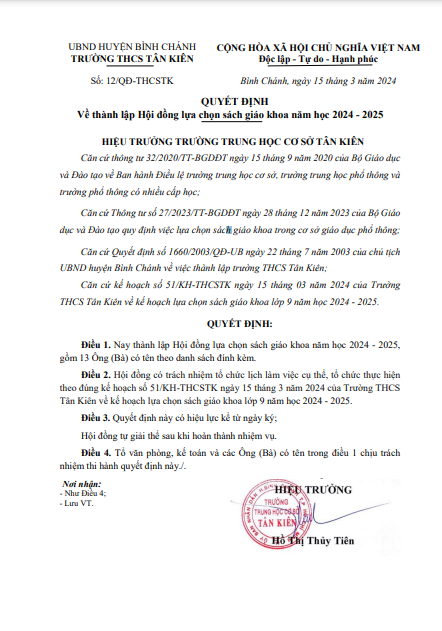 Quyết định về thành lập Hội đồng lựa chọn sách giáo khoa năm học 2024 - 2025