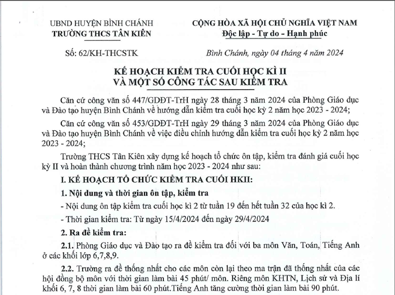 Kế hoạch kiểm tra cuối HKII năm học 2023 - 2024