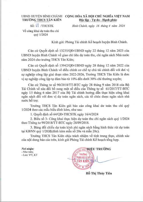 Trường THCS Tân Kiên công khai dự toán thu chi quý I năm 2024