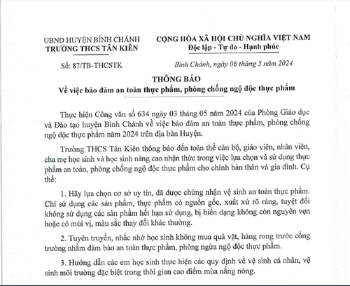 Thông báo về việc bảo đảm an toàn thực phẩm, phòng chống ngộ độc thực phẩm