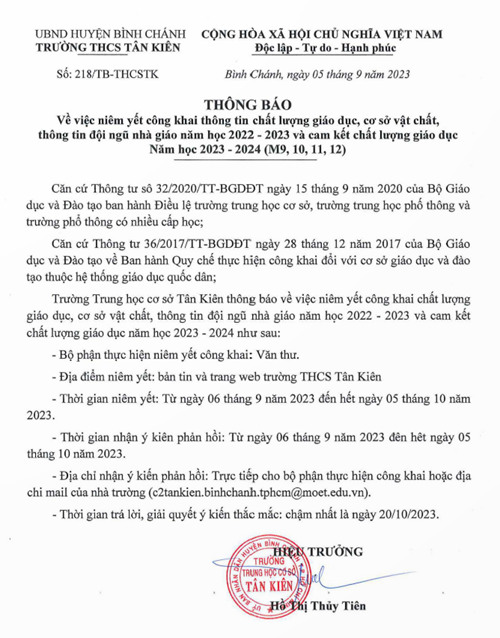 Công khai thông tin chất lượng giáo dục thực tế của trường THCS và trường THPT năm học 2022 - 2023