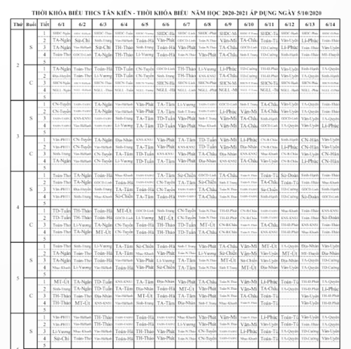 Thời khóa biểu - áp dụng từ ngày 05/10/2020