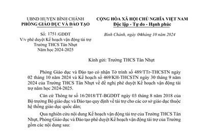 Phê duyệt Kế hoạch vận động tài trợ Trường THCS Tân Nhựt Năm học 2024-2025