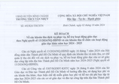 Kế hoạch số 492/KH-THCSTN, về thực hiện các khoản thu dịch vụ phục vụ, hỗ trợ giáo dục của trường THCS Tân Nhựt năm học 2024-2025.