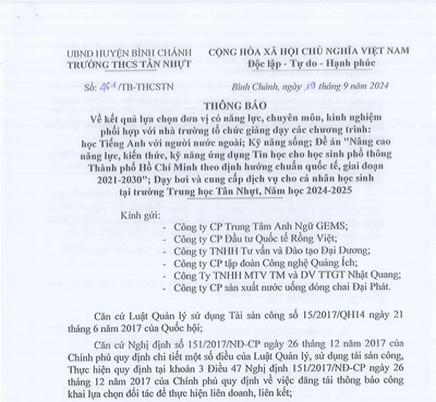 THÔNG BÁO số: 461/TB-THCSTN, ngày 19/09/2024, Về kết quả lựa chọn đơn vị có năng lực, chuyên môn, kinh nghiệm
phối hợp với nhà trường tổ chức giảng dạy các chương trình nhà trường năm học 2024-2025.