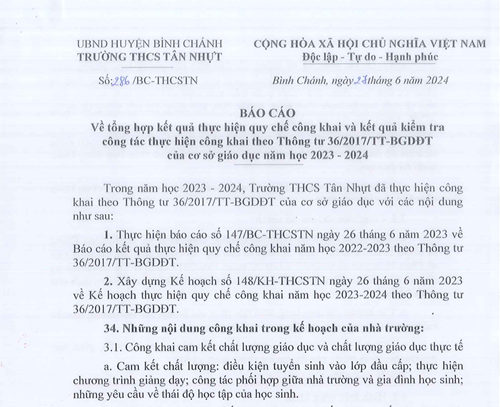 Báo cáo tổng hợp kết quả thực hiện quy chế công khai và kết quả kiểm tra công tác thực hiện công khai theo thông tư 36/2017/TT-BGDĐT của cơ sở giáo dục năm học 2023-2024.
