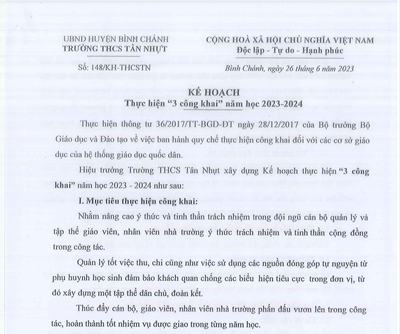 Kế hoạch thực hiện  3 công khai  năm học 2023-2024.