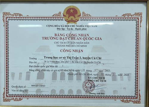 Quyết định công nhận trường Trung học cơ sở Thị Trấn 2 đạt chuẩn quốc gia mức độ 1