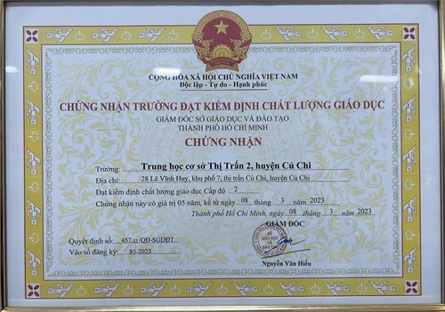 Quyết định công nhận trường Trung học cơ sở Thị Trấn 2 đạt kiểm định chất lượng giáo dục cấp độ 2