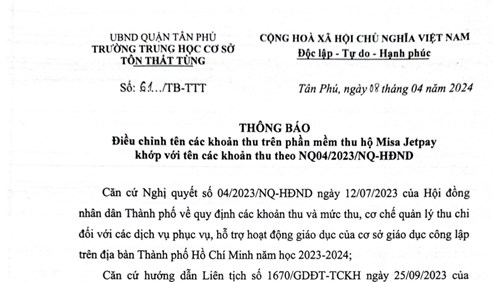 Thông báo điều chỉnh tên các khoản thu trên phần mềm thu hộ Misa Jetpay khớp với tên các khoản thu theo NQ04/2023/NQ-HĐND