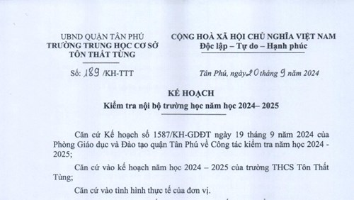 Kế hoạch kiểm tra nội bộ trường học, năm học 2024 - 2025