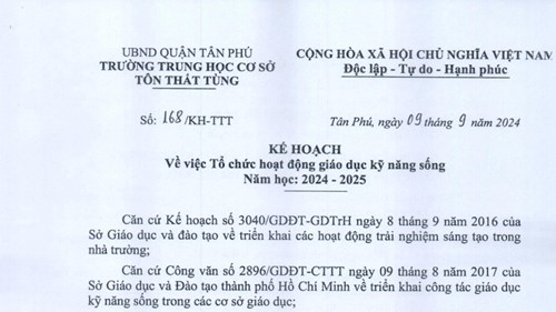 Kế hoạch tổ chức hoạt động giáo dục kỹ năng sống, năm học 2024 - 2025