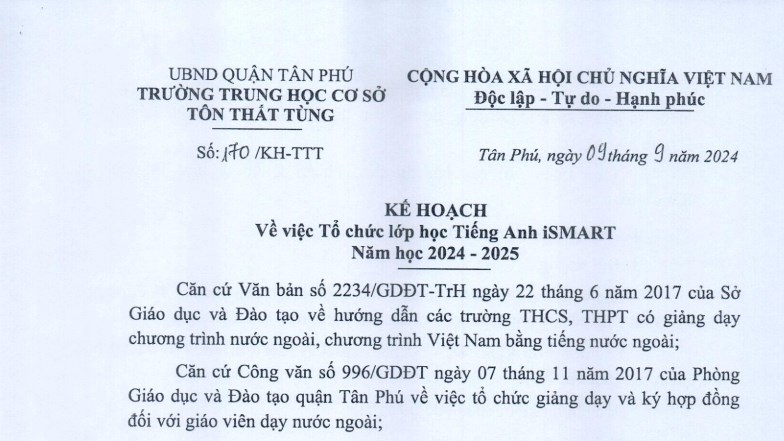 Kế hoạch tổ chức lớp học tiếng anh iSmart, năm học 2024 - 2025