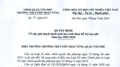 Quyết định về việc phê duyệt danh sách học sinh được hỗ trợ học phí năm học 2023 - 2024