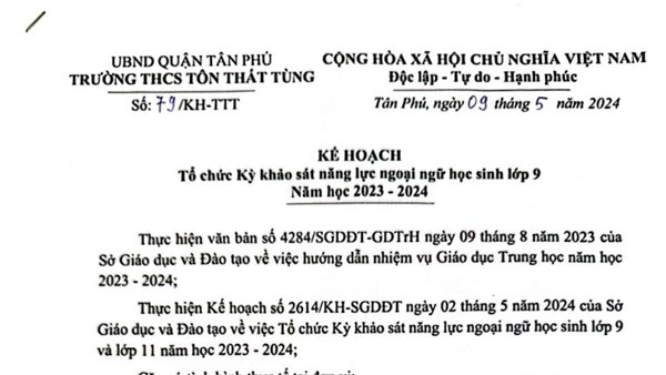 Kế hoạch Tổ chức Kỳ khảo sát năng lực ngoại ngữ học sinh lớp 9, năm học 2023-2024